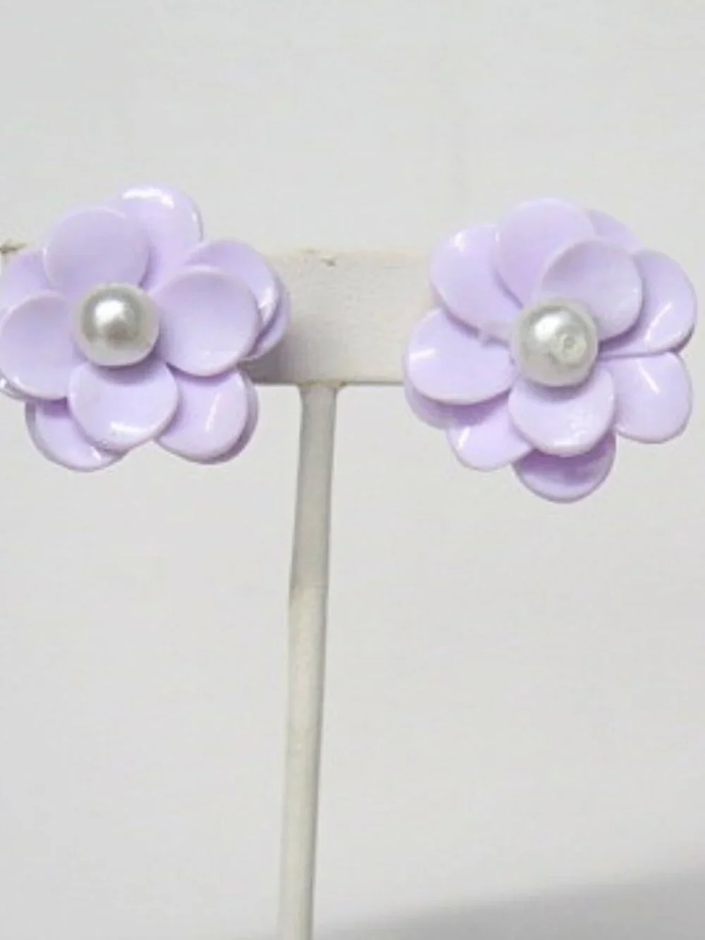 Vintage Lavender Purple Flower Faux Pearl Clip On Statement Earrings